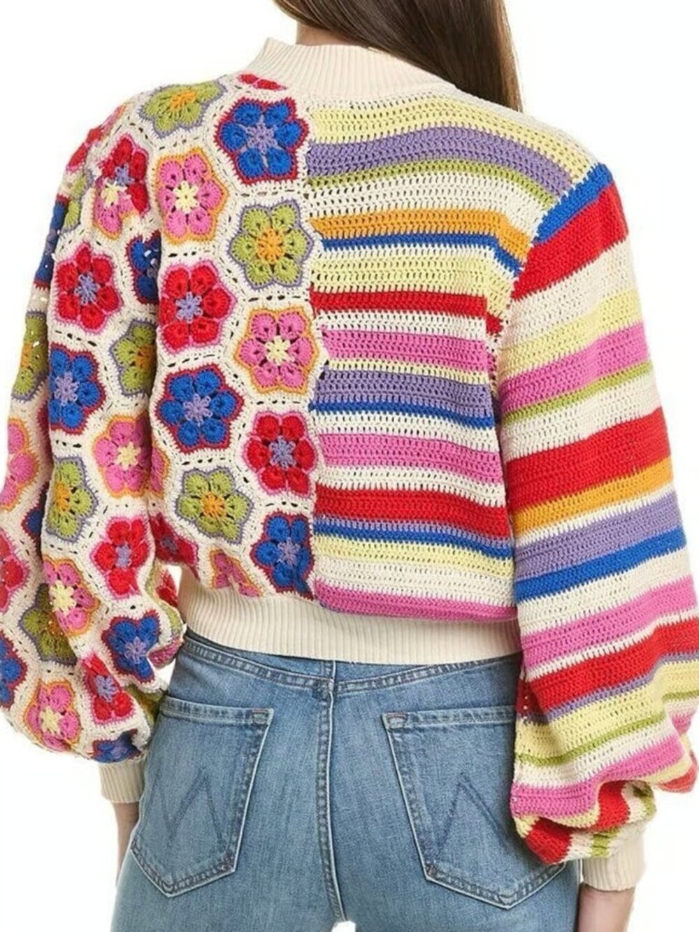 FARM Rio Multicolor Striped & Floral Crochet Turtleneck Sweater - Picture 3 of 7